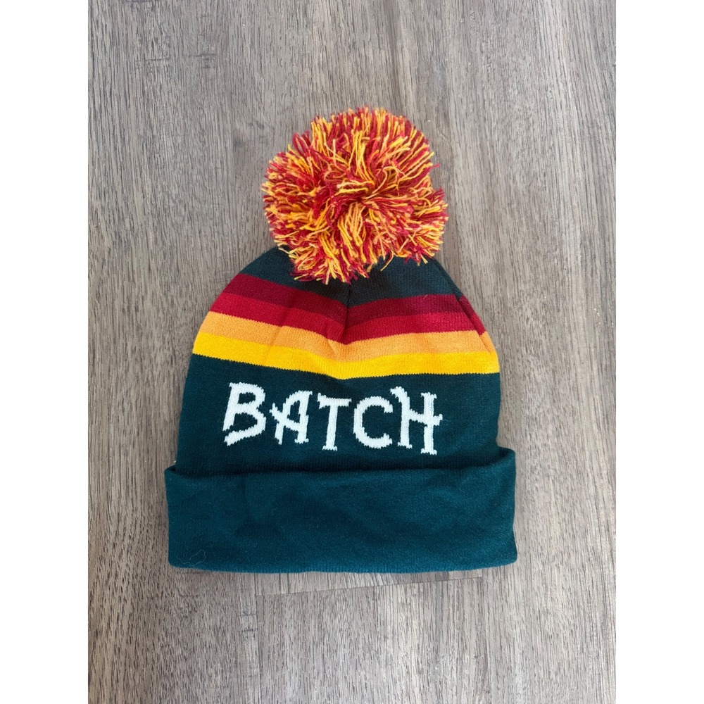 BATCH Pom Pom‎ Beanie Hat Retro Stripe Knit Winter Cap Green Red Yellow One Size
